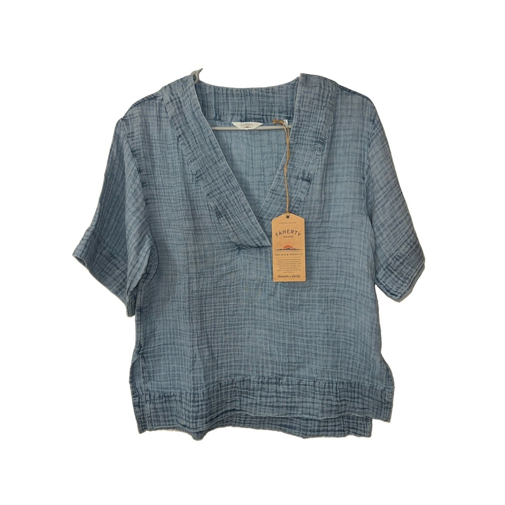 Faherty Women's V-Neck Gauze Cotton Blouse Lightweight Boho Blue Size XS-New